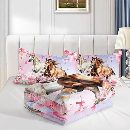 Kid Horse Comforter Set Twin Room Floral Animal Theme Handsome Horse Chic Cherry Blossom Bedding Set 3D Wild Animal Decor Quilt Set for Girls Adult, 1 Comforter + 2 Pillowcases