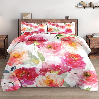 Comforter Set Queen Size, Summer Flower Peony 3 Pcs Soft Bedding Set for Kids and Adults, Floral Rose Pink Comforter Set with 2 Pillowcases, for Bedroom Bed Decor