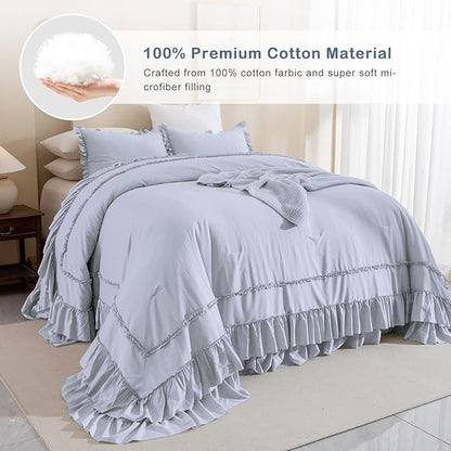 CozyTide Cotton Oversized King Comforter 120x120,Farmhouse Bedding Comforter with Ruffles,Light Blue Lightweight Shabby Boho Chic Cal King Ruffled Comforter Oversized 3 Pieces