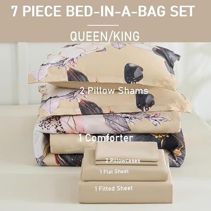 Yogeneg Queen Comforter Set 7 Piece Bed in a Bag,White Black Floral Botanical Pattern Khaki Bedding Set,Soft Microfiber Comforter with Sheet Set,All Season Bed Set(Khaki,Queen)