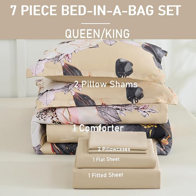 Yogeneg King Size Comforter Set 7 Piece Bed in a Bag,White Black Floral Botanical Pattern Khaki Bedding Set,Soft Microfiber Comforter with Sheet Set,All Season Bed Set(Khaki,King)