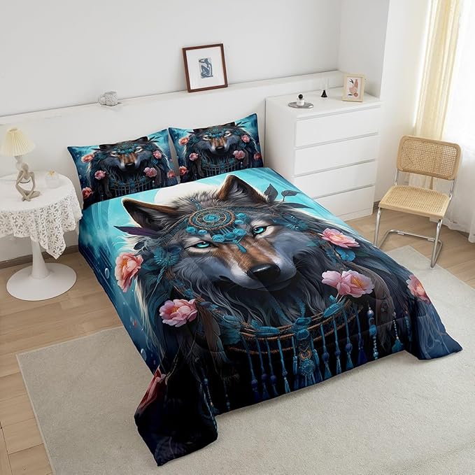 Erosebridal Indian Wolf Queen Comforter Set,Hunting Wolf Bedding Set for Women Men Room Decor,Boho Floral Exotic Ethnic Bed Set Wildlife Safari Bedding Comforter Sets,2 Pillowcases