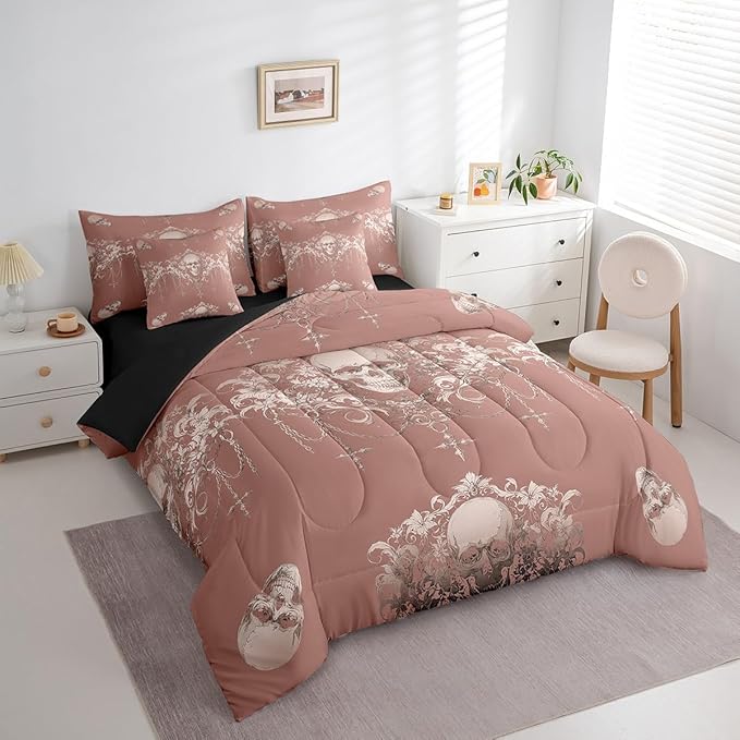 Erosebridal Gothic Bed in a Bag King Size Comforter Set 7 Pieces,Goth Sugar Skull Bedding Set,Beige Red Damask Bohemian Vintage Floral Comforter and Sheet Set,Exotic Antique Victorian Baroque Decor
