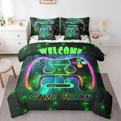 jejeloiu Cool Gamer 7 Piece Bedding Set King Size for Boys 3D Gaming Comforter Set with Sheets Kids Teens Bright Green Bed in a Bag Modern Game Console Bed Set