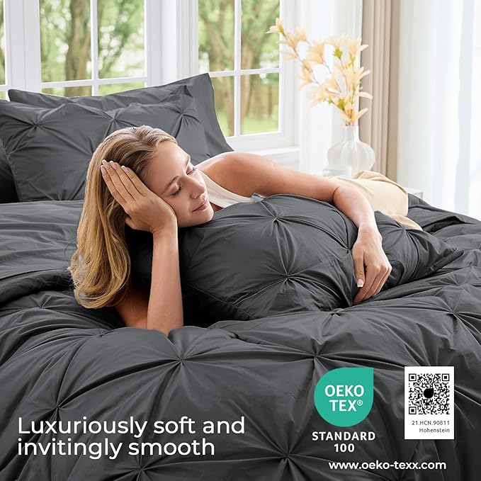 Sasttie Twin XL Comforter Set, 5-Piece Bed in a Bag, Pintuck Bedding Set for All Season, Includes Comforter, Flat Sheet, Fitted Sheet, Pillowcase and Pillowsham, Dark Grey