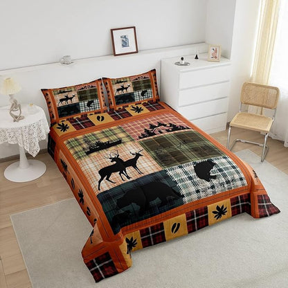 Buffalo Plaid Check Bedding Sets Cabin Camping Decor Bear Elk Deer Comforter For Kids Teens Pink Orange Blue Patchwork Duvet Insert Pike Fish Fishing Quilt Fall Leaves Down Comforter Queen 3Pcs