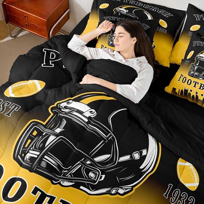Erosebridal American Soccer Full Bed in A Bag for Kids Boys Teen Adults,Sports Rugby 7 Pcs Bedding Set Football City Comforter Set with Sheets Ball Competitive Games Black Yellow Bed Set
