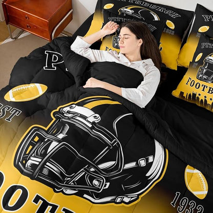 Erosebridal American Soccer Queen Bed in A Bag for Kids Boys Teen Adults,Sports Rugby 7 Pcs Bedding Set Football City Comforter Set with Sheets Competitive Games Black Yellow Bed Set