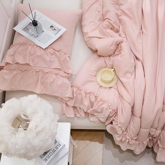 Bedding_Dreamer Ruffle Comforter Set King Shabby Chic Bedding Set 2 Layers Ruffles Home Decor Vintage Farmhouse Soft Down Comforter Blush Pink Quilt Set…