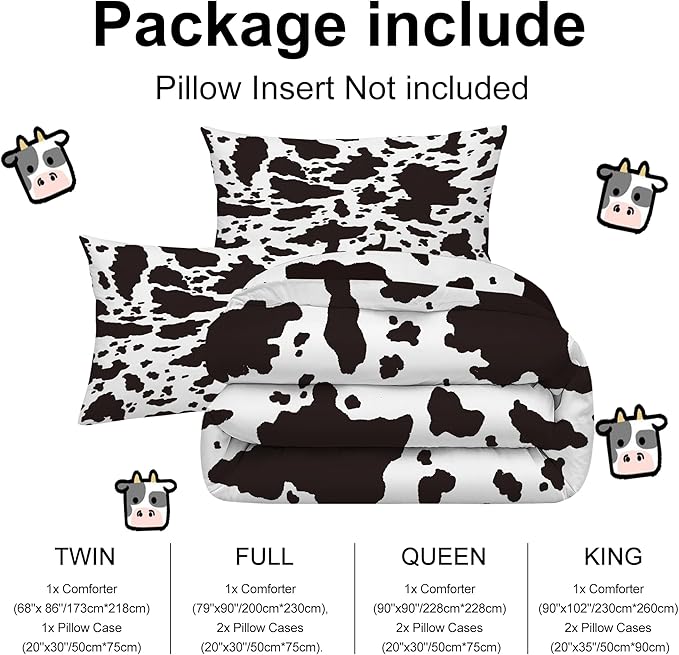 Kids Cow Print Bedding Set Full Size Cartoon Milk Cute Cartoon Comforter Set for Kids Teens Boys Girls Cow Print Farmhouse Bed Set Ultra Soft Bedding Set for All Seasons