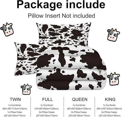 Kids Cow Print Comforter Set Queen Size Cartoon Milk Bedding Set for Kids and Adults Microfiber Cow Print Farmhouse Bed Set Ultra Soft Bedding Set for All Seasons