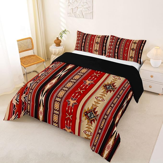 Aztec Comforter Set Ethnic Tribal Arrow Quilt,Retro Southwest Native Bohemian Bedding Set Full,Western Star Geometric Sriped Duvet Insert African Tribe Exotic Nordic Style Boho Decor,Red and Black