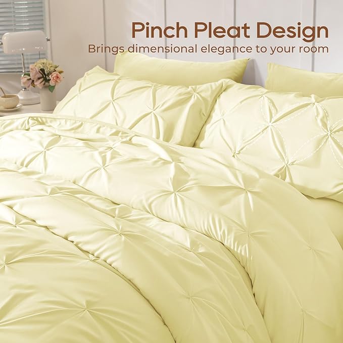 Sasttie King Size Comforter Set, 7-Piece Bed in a Bag, Pintuck Bedding Set for All Season, Includes Comforter, Flat Sheet, Fitted Sheet, Pillowcases and Pillowshams, Cream Yellow