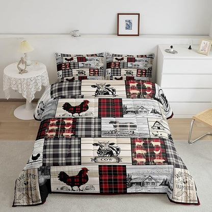 Rustic Farm Animal Comforter Set Retro Buffalo Plaid Farmhouse Cabin Bedding Sets Queen Country Sheep Chicken Cow Print Comforter For Lodge,Patchwork Grid Windmill Quilt Set Red Black Grey 3 Pcs