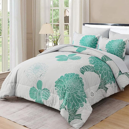 Yiran Grey Aqua Floral King Comforter Set Bed in a Bag Soft Microfiber Comforter Bedding Set 104"×90",7 Pieces (1 Comforter,2 Pillowcases,2 Pillow Shams,1 Flat Sheet,1 Fitted Sheet)