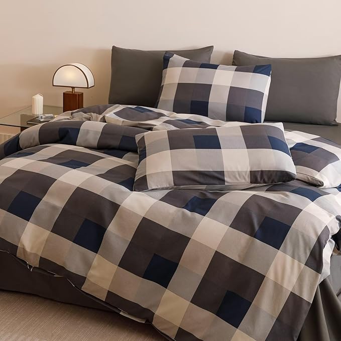 Cottonight Checkered Blue Comforter Set Twin Gingham Grid Bedding Set Navy and Khaki Grid Comforter Fluffy Soft Bedding Set Kids Teens Twin Comforter with 2 Pillowcases