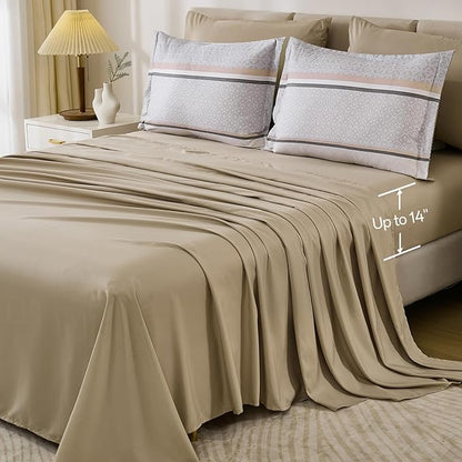 WONGS BEDDING Beige Comforter Set Queen Size, 7 Pieces Striped Bed in a Bag Comforter and Sheet Set,Patchwork Soft Lightweight Micorfiber Bedding Set for All Seaon (90"×90")