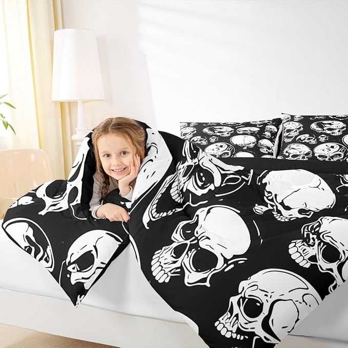Erosebridal Boys Black Skull Comforter Set Toddler, Halloween Skeleton Skull Bedding Set, Gothic Skeleton Comforter for Kids Teens Adults Men Goth Room Decor, Terror Theme Black Quilt