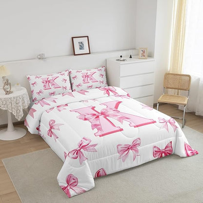Erosebridal Initial Letter K Bow Bedding Set for Kids Girls Teen Women,Pink Girly Bowknot Bedding Comforter Sets Queen Cute Fantasy Princess Comforter Set Kawaii Watercolor Bow Quilt Duvet