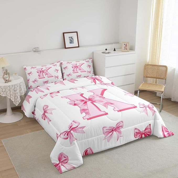 Erosebridal Initial Letter K Bow Bedding Set for Kids Girls Teen Women,Pink Girly Bowknot Bedding Comforter Sets Twin Cute Fantasy Princess Comforter Set Kawaii Watercolor Bow Quilt Duvet