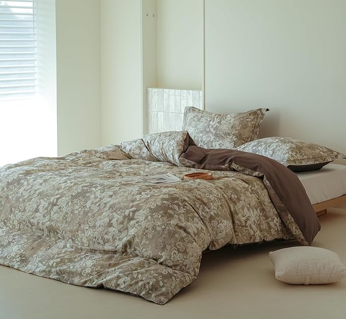 Queen Size Floral Comforter Set, 3Pcs Long Staple Cotton Duvet for All Seasons, Brown Botanical Print Bedding Set with 1 Lightweight Comforter and 2 Pillow Shams