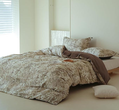 Queen Size Floral Comforter Set, 3Pcs Long Staple Cotton Duvet for All Seasons, Brown Botanical Print Bedding Set with 1 Lightweight Comforter and 2 Pillow Shams