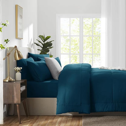 CozyLux Full Size Comforter Set Lyons Blue, 7 Pieces Bed in a Bag, Blue Comforter Full Size, All Season Bedding Sets with Stitch Quilted Comforter, Flat Sheet, Fitted Sheet, Pillowcases