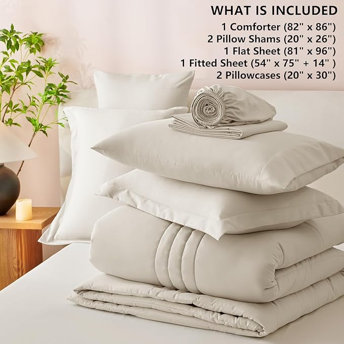CozyLux Full Size Comforter Sets - 7 Piece Bed in a Bag Beige Comforter Set with Sheets Luxury Bed Set All Seasons, Soft Bedding Set with Down Alternative Comforter, Sheets, Pillowcases & Shams