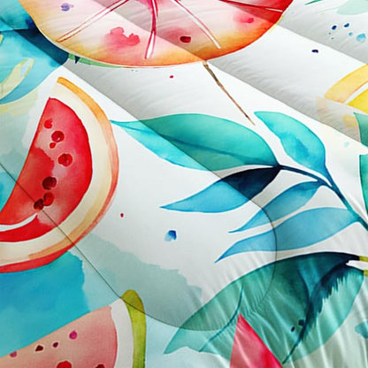 Tropical Fruit Comforter Set 3 Pcs Bedding Set Twin Size for Girls,Summer Plant Leaf Watermelon Pineapple Printed Beddind Set Quilts Set Lightweight Soft Microfiber Warm All Season With 2 pillowcases