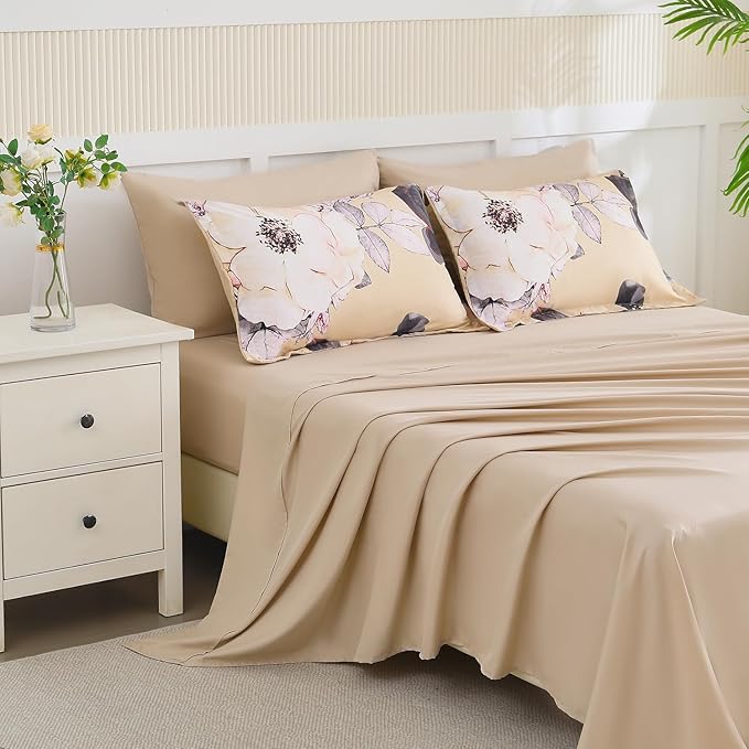 Yogeneg Queen Comforter Set 7 Piece Bed in a Bag,White Black Floral Botanical Pattern Khaki Bedding Set,Soft Microfiber Comforter with Sheet Set,All Season Bed Set(Khaki,Queen)