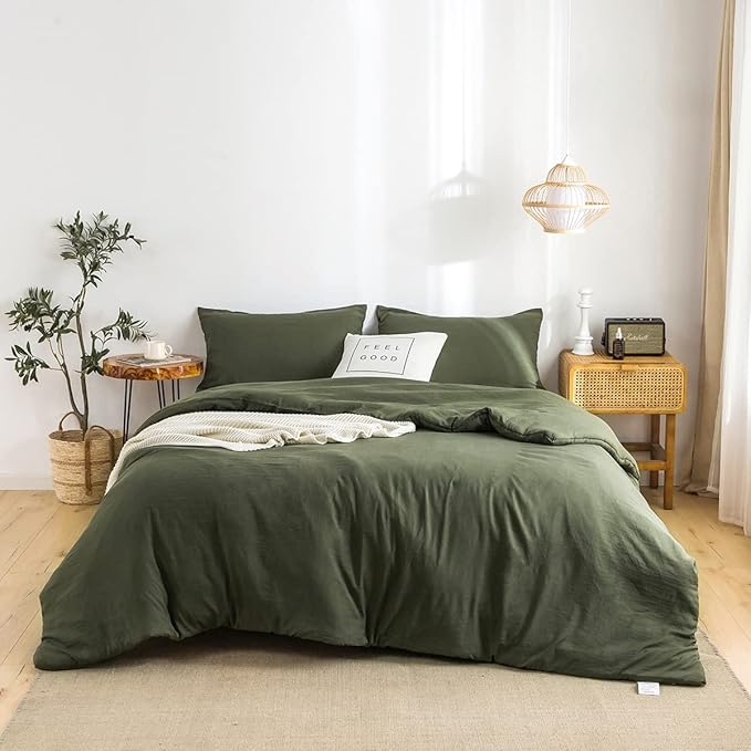 COTTEBED Ultra-Soft King Bedding Comforter Sets Bed, All Season Use Light Weight with Warm Fluffy Washed Cotton Microfiber,1 Bed Blanket Comforter & 2 PillowSham(King/California King Dark Olive Green