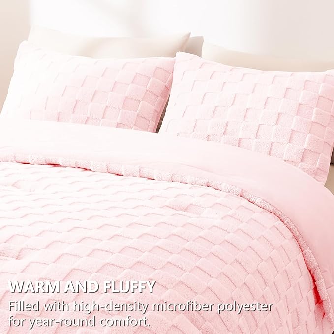 CozyLux Fleece Queen Comforter Set Blush Pink,Super Soft & Warm Fluffy Bedding with Checkered Pattern,Luxury Fuzzy Heavy Bed Set for Winter,3 Pieces,1 Comforter and 2 Pillowcases