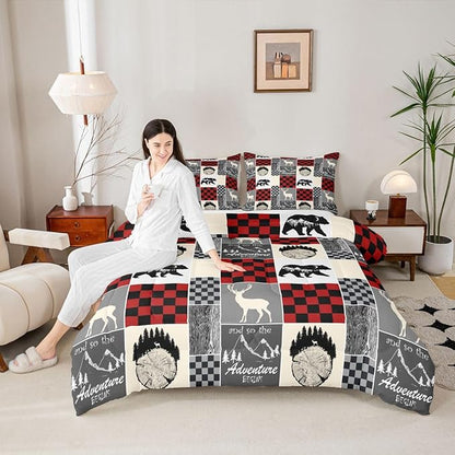 Boys Hunting Deer Quilt, Rustic Cabin Lodge Comforter Set Wildlife Bear Bedding Set Full Size, Western Country Farmhouse Wooden Board Down Comforter With 2 Pillow Cases, Rustic Gifts For Mom