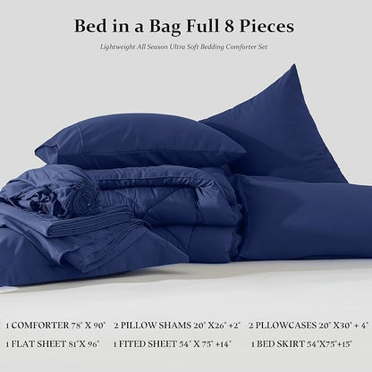 Newspin Full Comforter Set Blue - Bed in a Bag Full Size 8 Pieces, All Season Bed Set, Fluffy Comforter Set with Sheets, Sheet Set Quilt Blanket, Pillowcases & Shams & Bed Skirt