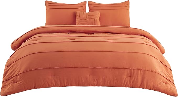 Bedsure California King Comforter Set - 4 Pieces Pinch Pleat Bed Set, Burnt Orange Boho Bedding for All Season, 1 Soft Comforter, 2 Pillowcases, 1 Decorative Pillow