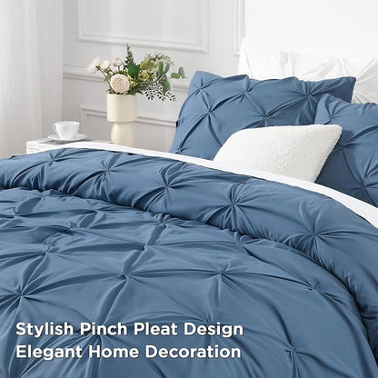 Andency Ocean Blue Pinch Pleat Comforter Full(79x90Inch), 3 Pieces(1 Down Alternative Comforter and 2 Pillowcases) Ocean Blue Bed Set Microfiber Pintuck Bedding Set