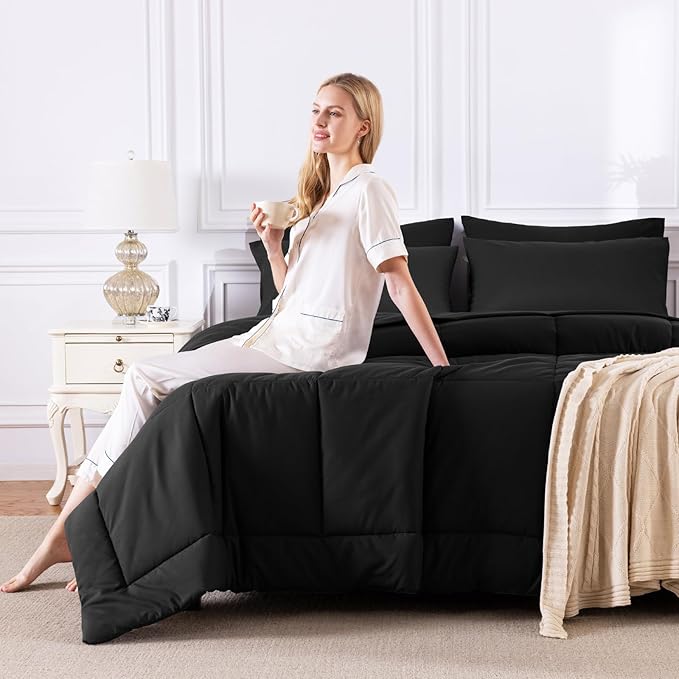 CozyLux King Size Comforter Set Black, 7 Pieces Bed in a Bag, Black Comforter King Size, All Season Bedding Sets with Stitch Quilted Comforter, Flat Sheet, Fitted Sheet, Pillowcases