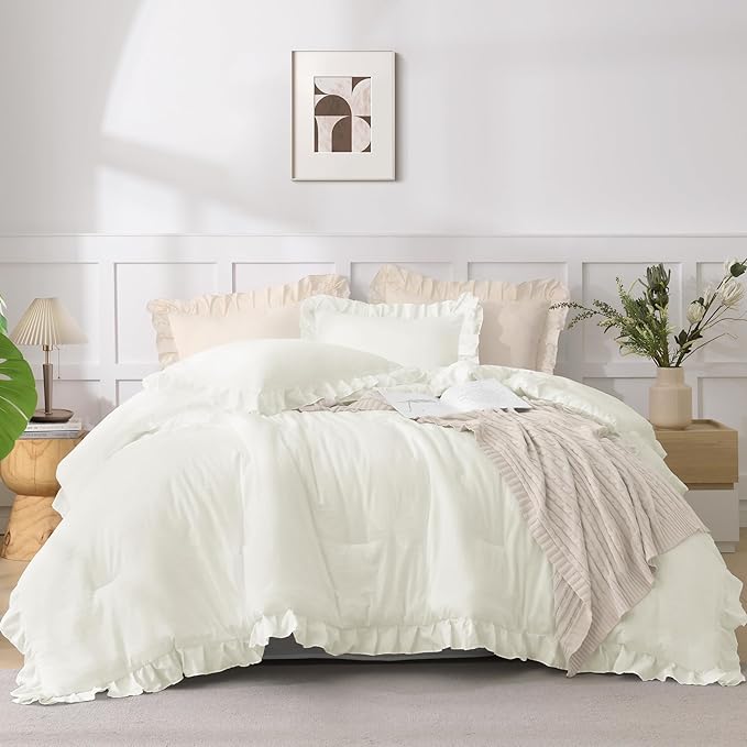 Andency Ivory Comforters Queen Size, 3 Pieces Solid Shabby Chic Farmhouse Bedding Comforters & Sets, Lightweight Fluffy All Season Soft Down Alternative Bed Set for Women Men