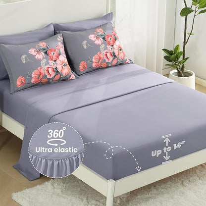 King Size Comforter Set - 7 Pieces Floral Comforter and Sheet Set, Dark Grey King Size Bed in a Bag, Soft Microfiber Flower Complete Bedding Set for All Seasons（Dark Grey,104"x90"）