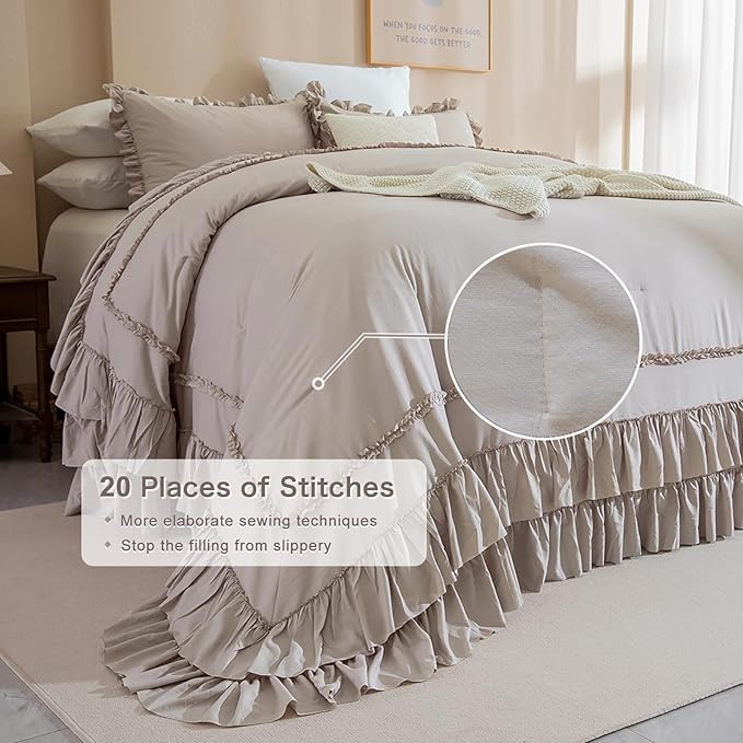 QSH Taupe Oversized King Comforter Set 120x120,Shabby Vintage Chic Ruffled Bedding Comforter Farmhouse French Country Rustic Comforter Microfiber Soft Fluffy Lightweight Bedding 3 PCs