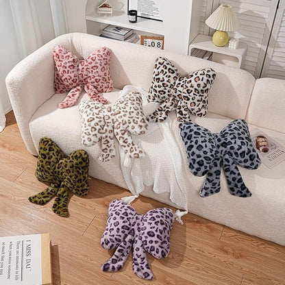 Leopard Print Throw Pillow Furry Bow Plush Pillows Cute Flower Plush Pillow Cheetah Home Decor Stuffed Bow Lumbar Pillow for Bed Couch Living Room Decor (White-A, 16in)