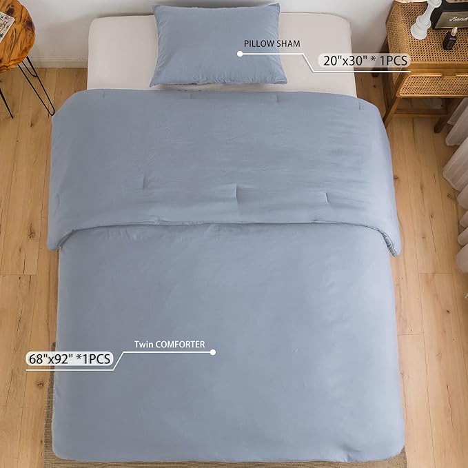 COTTEBED Twin Size Bed Comforter Sets, Super Soft Lightweight Washaed Cotton, 1 Bedding Down Comforter and 1 Pillowsham for Kids College Dorm Boys Girls (Twin/Twin XL,Light Dusty Blue)