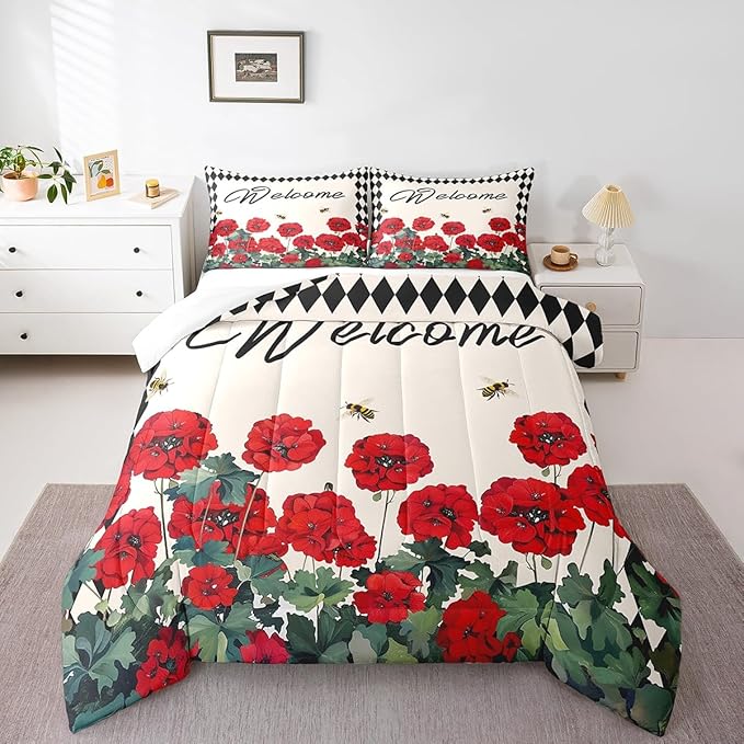 Erosebridal Spring Geranium Flowers Down Comforter Full Rustic Farmhouse Plaid Floral Bedding Sets Country Garden Style Comforter Set for Teen Girls Women,Pastoral Bee Quilt Duvet Cabin Decor