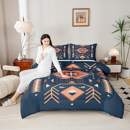 Southwest American Comforter Set Full Size Indian Tribal Aztec Style Quilt Set Vintage Navy Blue Red Bedding Set 3pcs for Kids Teens Adults Room Decor Abstract Art Duvet Insert,2 Pillowcases