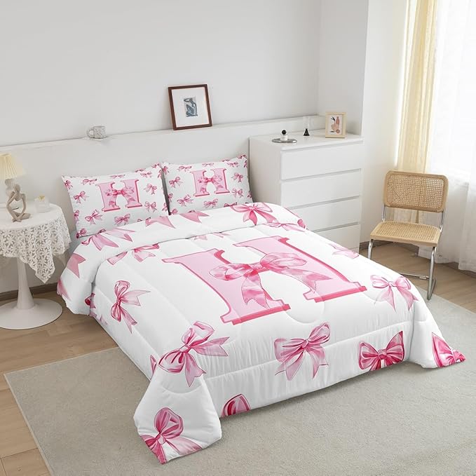 Erosebridal Pink Kawaii Letter Bowknot Bedding Set King,Cute Initial Letter H Comforter Set Dreamy Princess Bow Bedding Comforter Sets Romantic Chic Bowknot Bed Set for Kids Girls Teen
