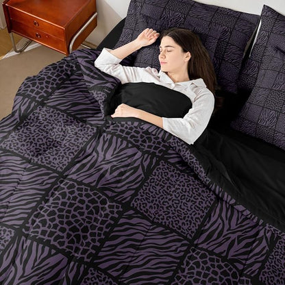 7 Pieces Wildlife Fur Splicing Print Comforter Set Twin,Purple and Black Bedding Set for Kids Girls Bedroom Decor,Leopard Cheetah Zebra Skin Bed Sets in a Bag with Comforter,Sheets and Pillow Cases
