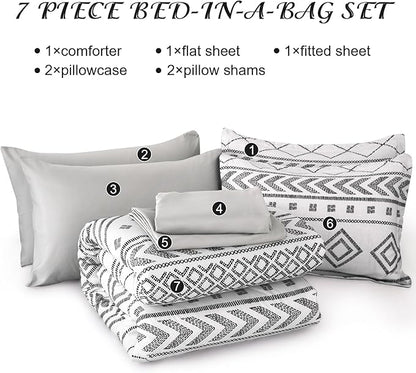 Yiran White Comforter Set King Size, Boho Aztec Comforter Bedding Set, 7 Piece Bed in a Bag King, Soft Microfiber Bohemian Striped Complete Bedding Set with Sheets for All Season