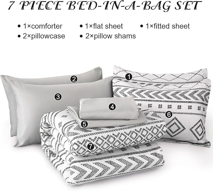 Yiran White Comforter Set Queen Size, 7 Piece Boho Aztec Bedding Set, Bohemian Bed in a Bag Queen, Soft Microfiber Striped Complete Bedding Set with Sheets for All Season