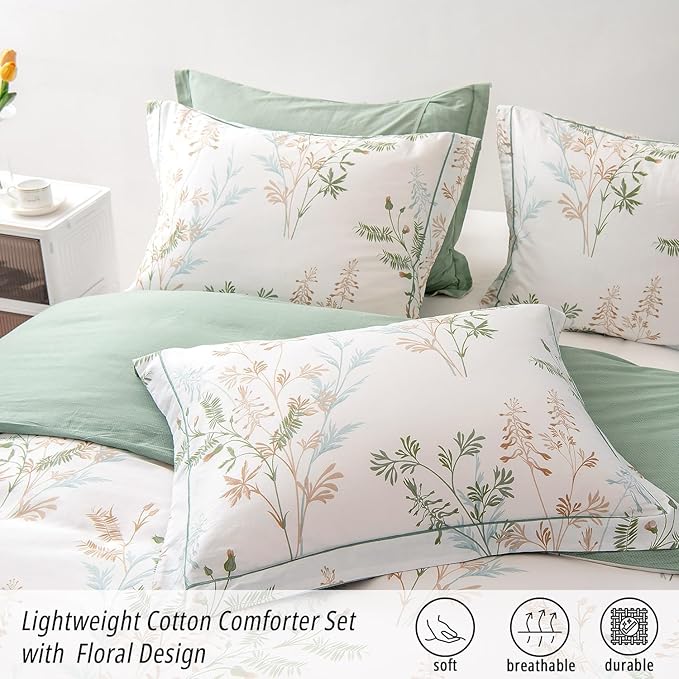 Natural Cotton 3pcs Botanical Comforter Sets King Size-Green Comforter with Luxurious Tan & Gray Leaves on White, Reversible Lightweight Floral Bedding Sets(King 104"×90")