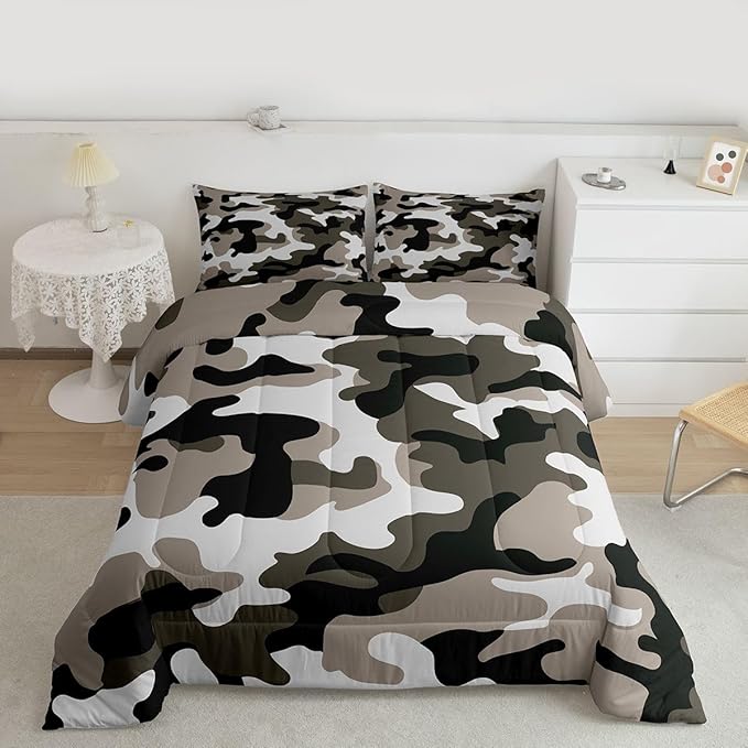 Camouflage Comforter Set Grey Camo Bedding Sets King Size Militarily Army Down Comforter For Boys Teens Men Adult Tie Dye Retro Geometric Warm Soft Quilted Duvet 3Pcs Bedroom Decor, All Season